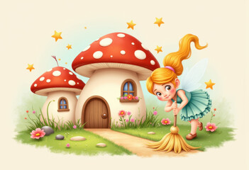 Naklejka premium Fairy Cleaning Mushroom House, Cartoon Mopping Scene