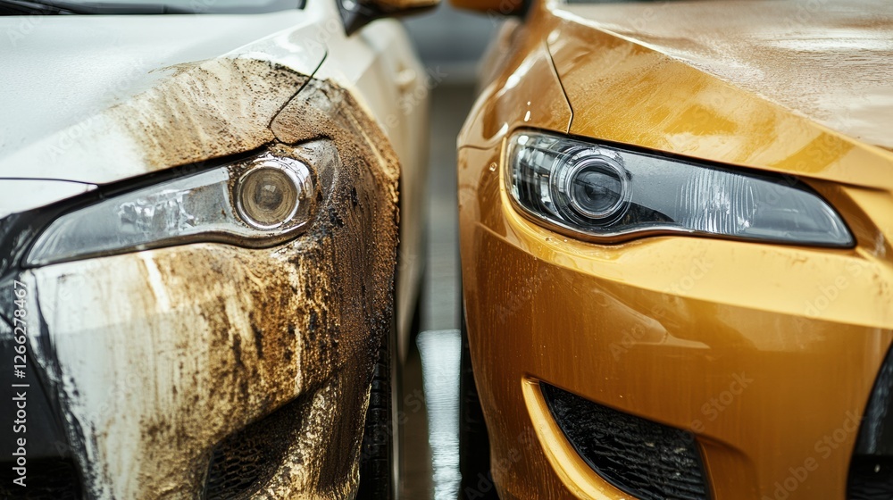 Poster comparison of a scratched dirty car and a shiny polished vehicle revealing the impact of proper car 