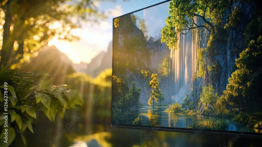 Poster a closeup view of an hdr monitor displaying a stunning nature scene with extreme color fidelity show