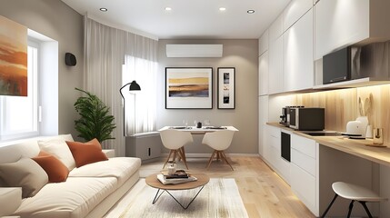 Modern living room with cozy sofa, stylish decor, and workspace, showcasing natural light and greenery