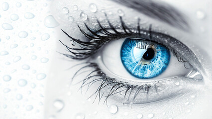 Fototapeta premium Stunning Blue Eyes of a Woman with Iris and Water Droplets