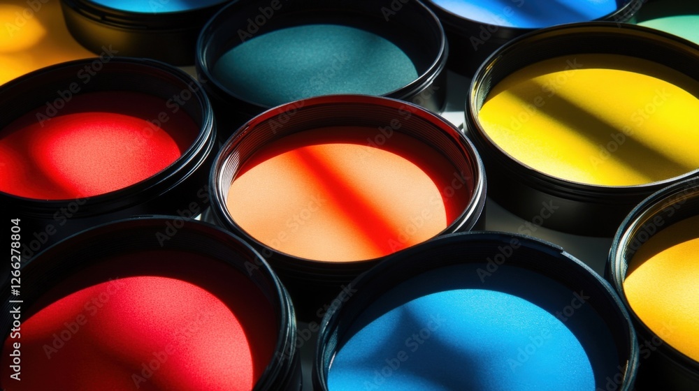 Poster camera lens filters in a variety of colors are arranged, casting intriguing shadows and showcasing a