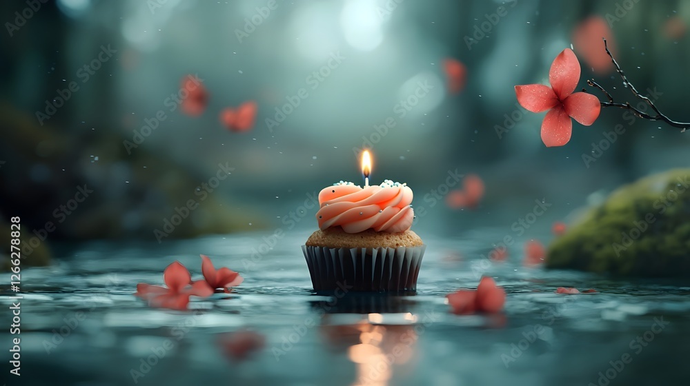 Poster magical floating cupcake with glowing candle in tranquil ethereal whimsical forest setting with soft