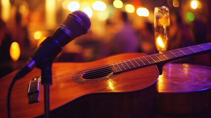 Acoustic guitar and mic on stage, bar background, live music performance
