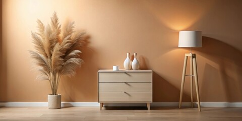 Serene Interior Design with Neutral Tones and Natural Decor Elements Featuring a Three-Drawer Chest