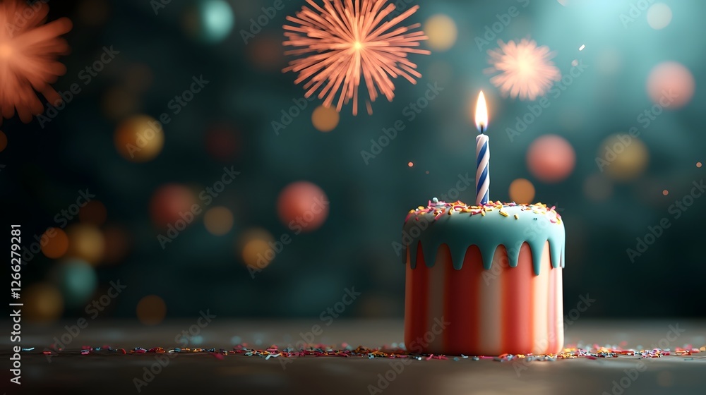 Poster a 3d rendered image of a single birthday candle glowing amidst a display of colorful exploding firew