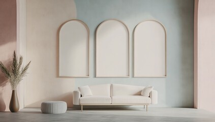 Pastel room interior, arched frames, sofa, sunlight, mockup