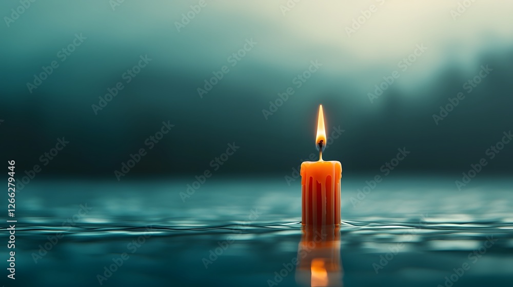 Poster a 3d rendered image of a single birthday candle flame floating on a calm reflective water surface em