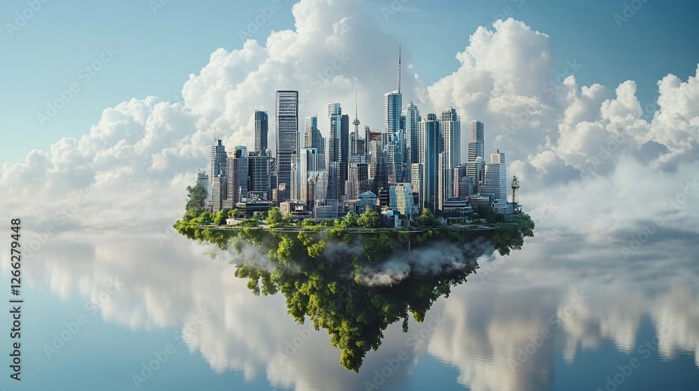 Poster a surreal cityscape floating above water with a reflection and cloudy skies creating a dreamlike sce