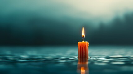 A 3D rendered image of a single birthday candle flame floating on a calm reflective water surface emitting a soft golden glow and creating a serene meditative atmosphere