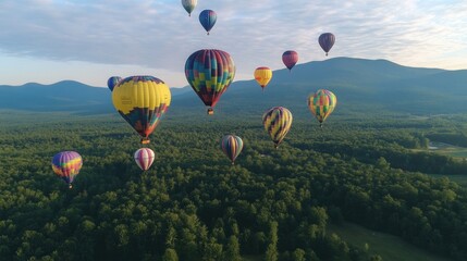 Obraz premium Colorful Hot Air Balloons Soar Over Lush Green Mountains