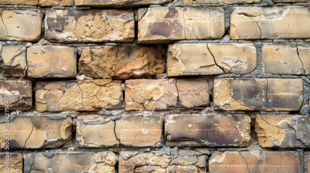 Poster textured wall made of weathered bricks, showcasing cracks and varying colors, creating rustic appear