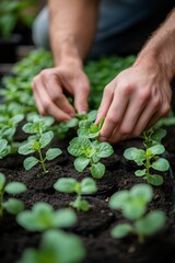 Hands Cultivating Young Seedlings: A Gardener Nurturing New Growth in Seed Trays for a Thriving and Sustainable Harvest.