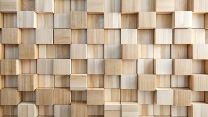 Fototapeta premium Textured Wooden Block Wall Arrangement Abstract Background of Natural Light Brown Cubes