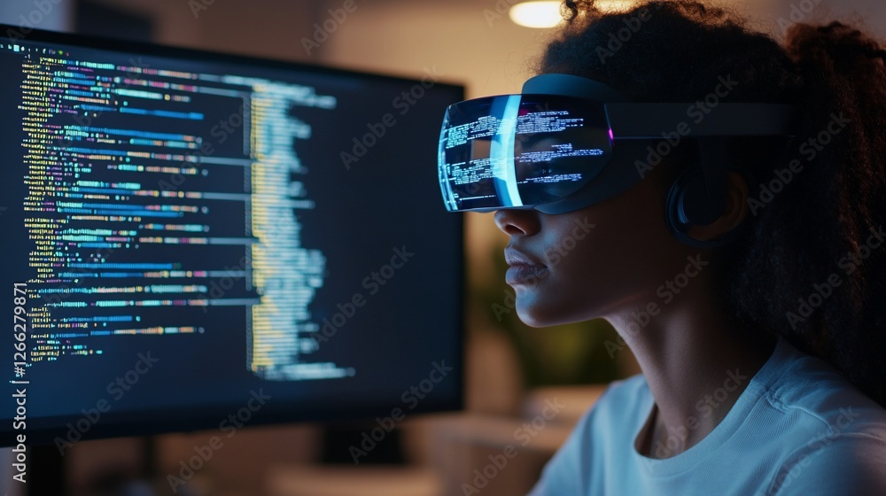 Poster a woman using augmented reality glasses with a programing monitor in background