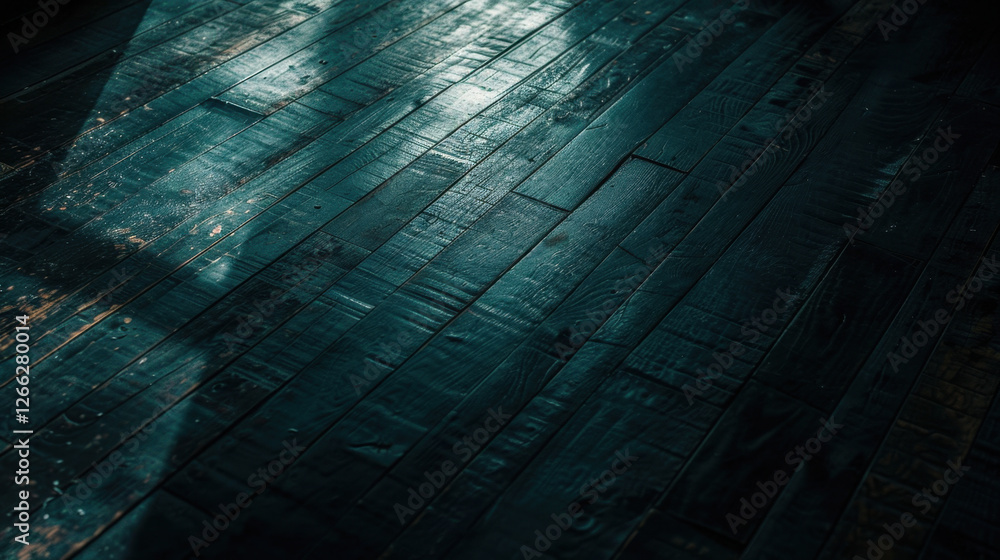 Poster dark wooden floor with reflections and shadows creating moody atmosphere. texture and grain of wood 