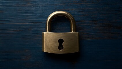 Fototapeta premium Brass padlock on dark blue wooden surface