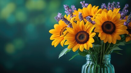 A vibrant bouquet of sunflowers and lavender in a glass jar against a blurred green background