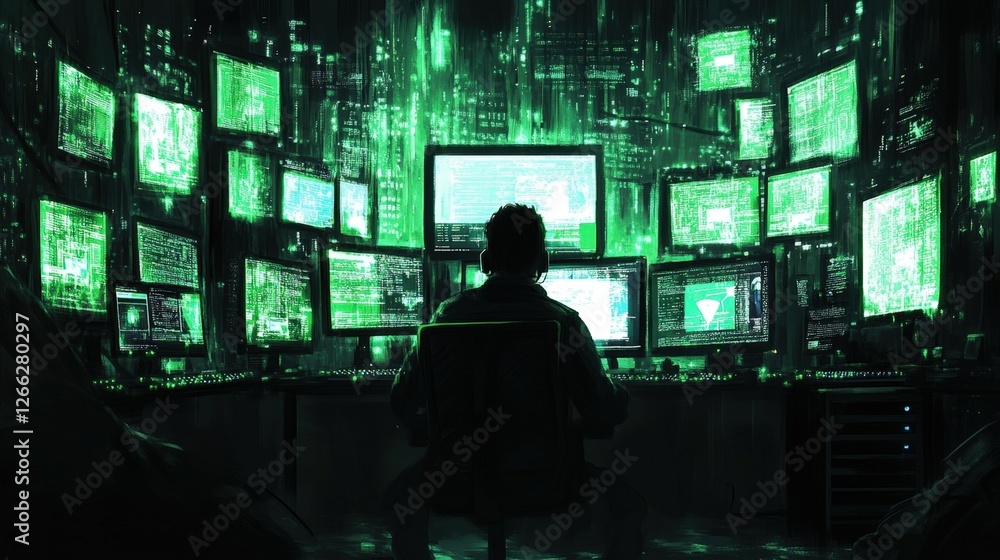 Poster a dramatic composition of a darkened room filled with glowing computer screens where a lone analyst 