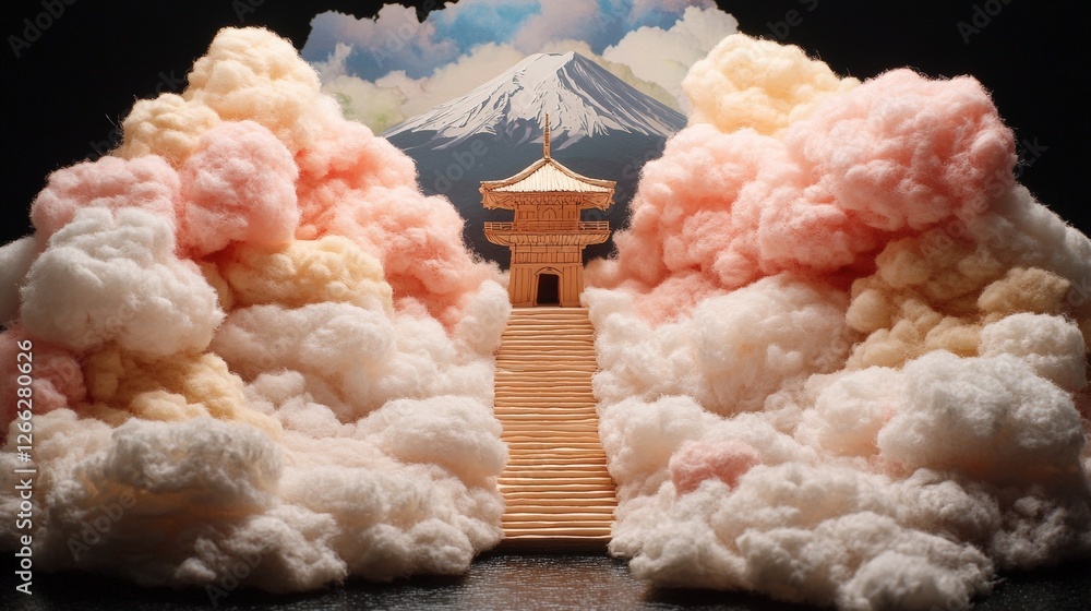 Poster building surrounded by clouds with miniature diorama of mount fuji in high fidelity image