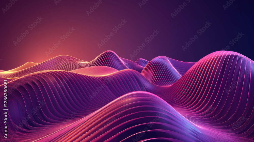 Poster abstract digital landscape with flowing waves in vibrant colors, creating sense of depth and movemen