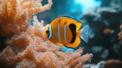 Vibrant orange and black striped fish swimming among colorful coral reef in clear ocean water