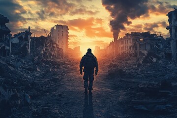Soldier walks through war-torn city at sunset, rubble and destruction surround him. Illustrates themes of war, loss, and resilience, ideal for news, documentary, or military projects.