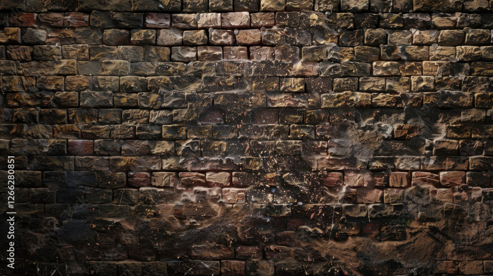 Poster textured brick wall with various colors and patterns, showcasing wear and age. surface features stai