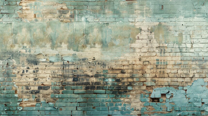 weathered brick wall with peeling paint and distressed texture, showcasing shades of blue and beige. surface tells story of age and wear, adding character to any space