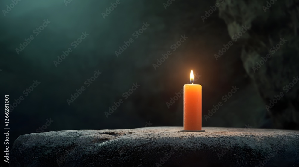 Poster a mystical 3d rendered image of a single birthday candle flickering on a rough stone table inside a 