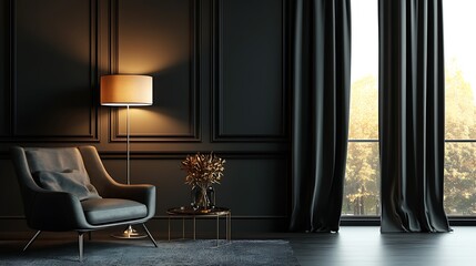 Dark modern living room interior with armchair, floor lamp, and window view.