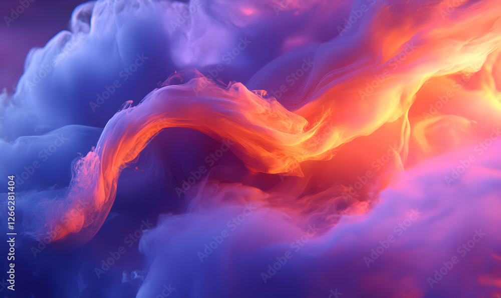 Poster abstract vibrant swirls of orange and blue ink in water, creating a dynamic and colorful composition