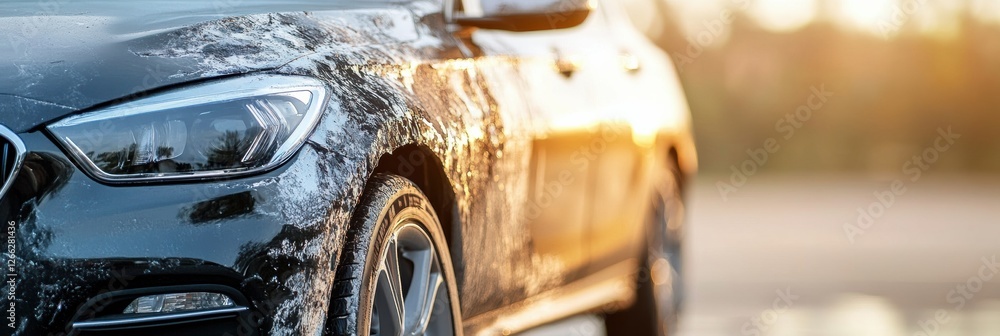 Poster comparison of a scratched dirty car and a shiny polished car under sunlight in a parking area. gener