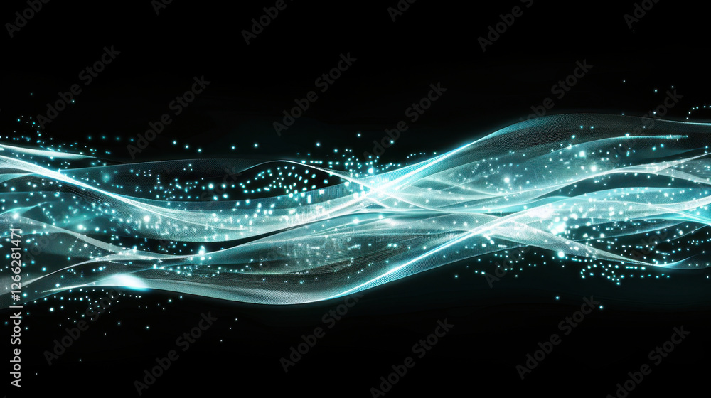 Poster mesmerizing abstract design featuring flowing light waves and sparkling particles in shades of blue 