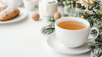 Festive teacup, pastries, and fir branches on white background