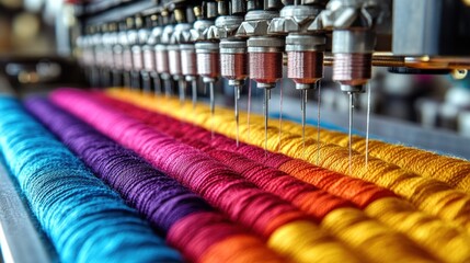 Colorful threads on industrial embroidery machine