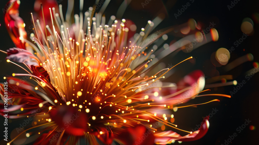 Poster vibrant abstract flower with glowing petals and luminous filaments, creating mesmerizing visual effe