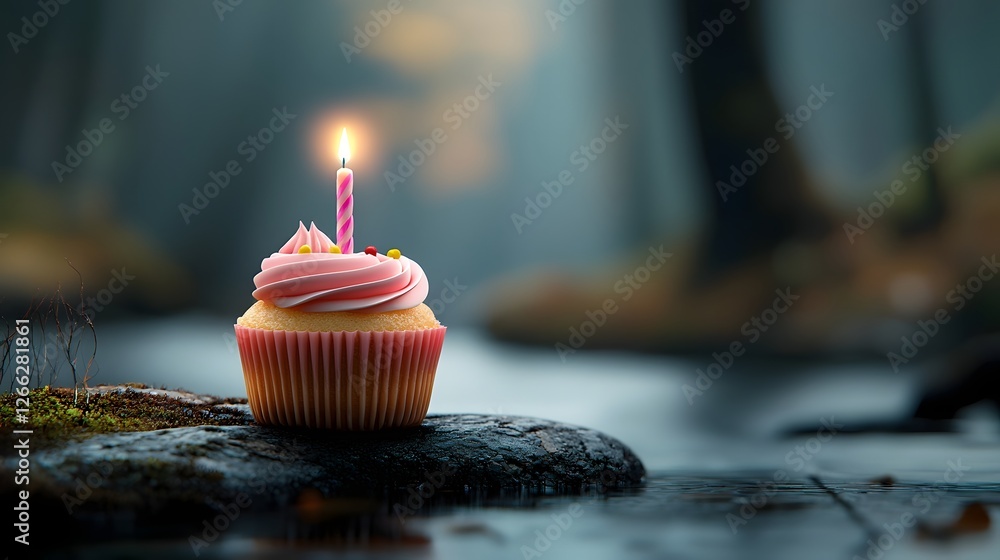 Poster a whimsical and dreamlike 3d rendered image of a floating cupcake with a single glowing candle set a