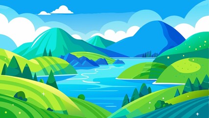 Fototapeta premium Rolling hills, sparkling blue waters, and vibrant green landscapes combine to create a stunning visual representation of idyllic scenic travel.