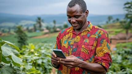 Fototapeta premium Farmer using smartphone in rural African field