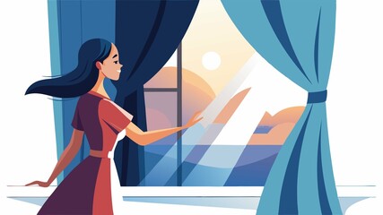 Slow motion enhances the beauty of this simple yet evocative scene: a young woman opens dark curtains to reveal the bright morning sun, symbolizing new beginnings and optimism.
