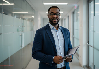 Fototapeta premium A poised, professional businessman in a modern office corridor, holding documents and exuding confidence. This corporate setting highlights leadership, success, and professionalism
