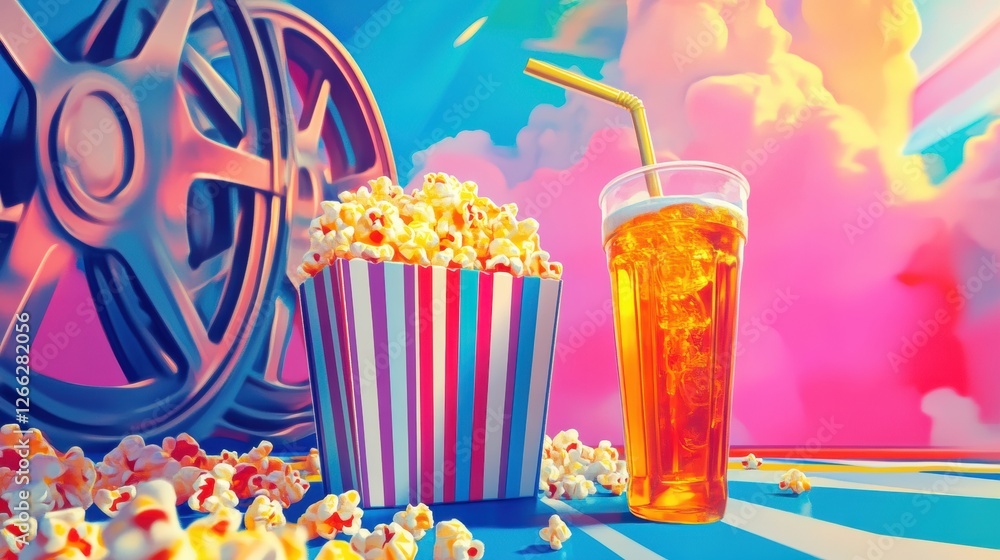 Poster enjoying popcorn and a cool drink at a vibrant movie theater with colorful decorations. generative a