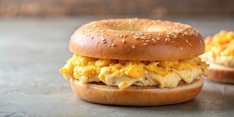 A delectable sesame bagel sandwich featuring a generous portion of creamy, cheesy scrambled eggs.