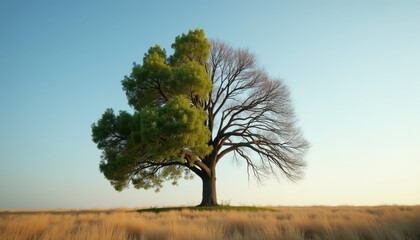 Half Blooming, Half Bare Tree in Spring Landscape