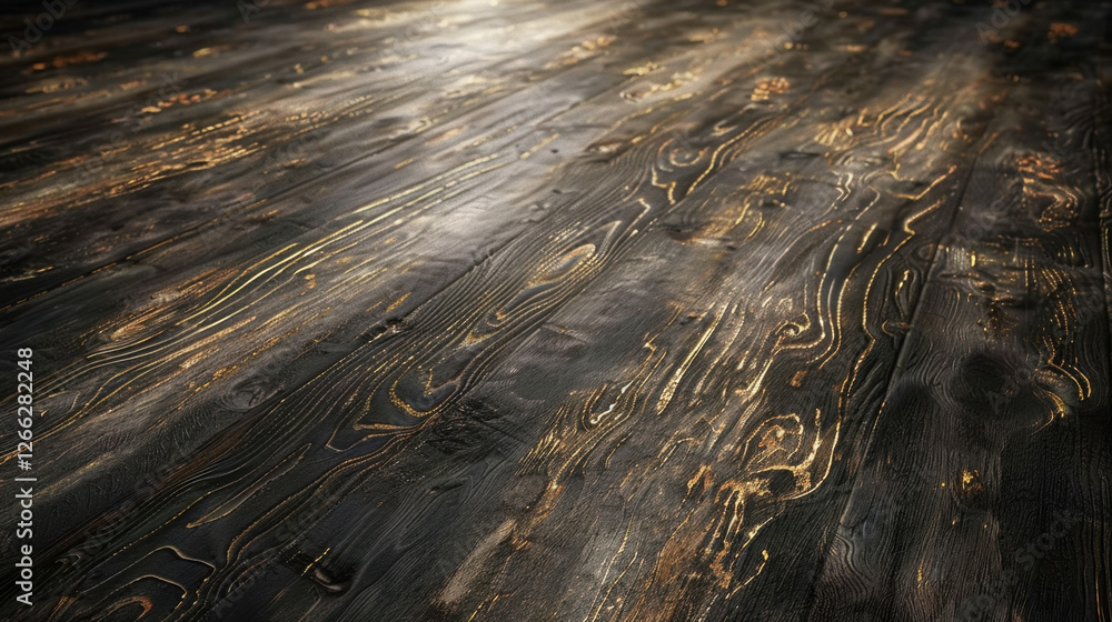 Poster dark wooden floor with textured surface and golden highlights, creating warm and inviting atmosphere
