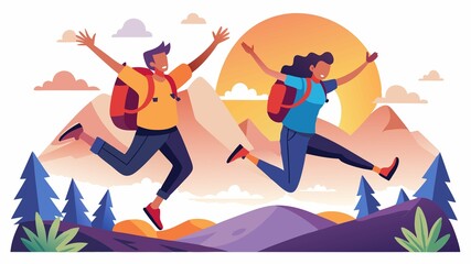 A feeling of unbridled joy and freedom is conveyed in this slow-motion shot of two young backpackers jumping against the vibrant colors of an Alps sunset during a romantic camping adventure.