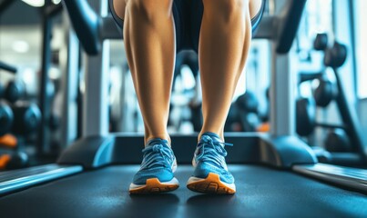 Close-up of legs on a treadmill in a gym setting, emphasizing fitness and exercise.