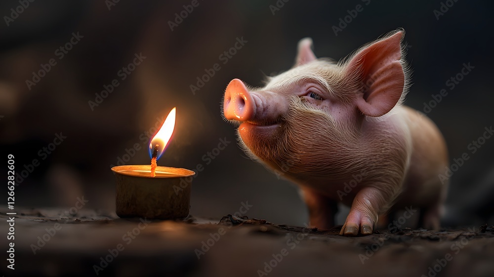 Poster a friendly and curious piglet standing in a cozy barn intently examining a flickering candle flame w