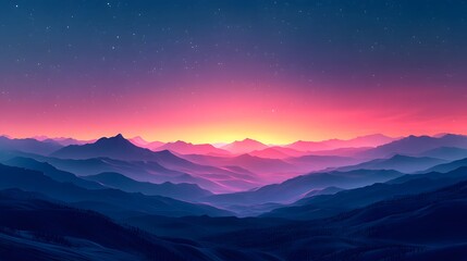 Fototapeta premium Serene mountain range view with a vibrant gradient sunset sky landscape